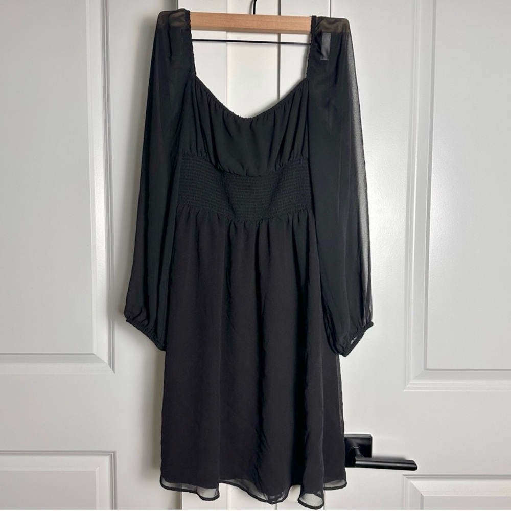 Wilfred (Aritzia) Medium Black Chiffon Longsleeve Mini Dress - Smocked Waist